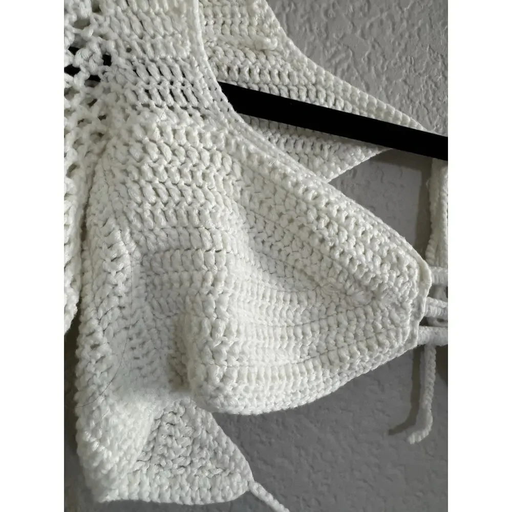 Tiger Mist XS Ivory Crochet Open Back Tie Long Sleeve Crop Top Festival #7407
